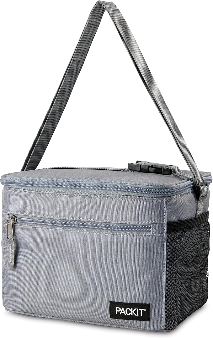 PackIt Freezable Essential Cooler, Gray Fog, Built with ECOFREEZE Technology, Fully Freezable, Collapsible, Reusable, With Adjustable Crossbody Strap, Top Clip Handle, Designed for Fresh Office