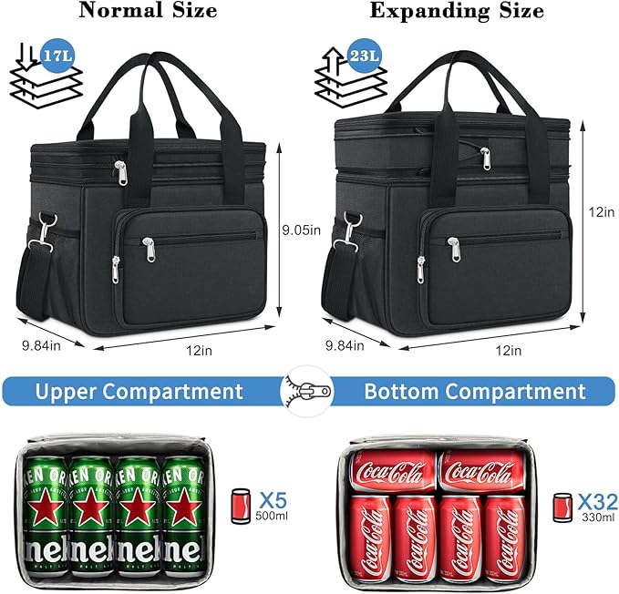 Coobiiya Lunch Box for Men Expandable Lunch Bag, 23L Large Cooler Lunch Box, Insulated Lunch Bag for Work/Adult with 4 Ice Packs&2 Snack Bags Double Deck Leakproof Heavy Duty bags for Women- Black