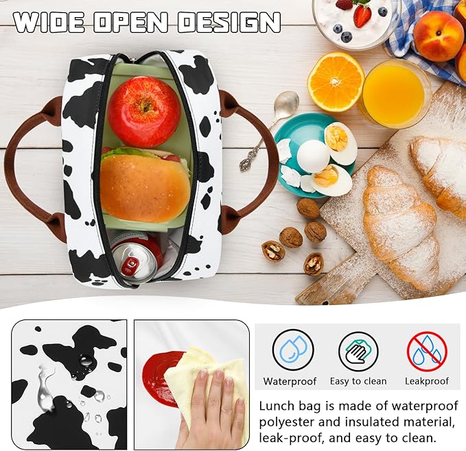 LOKASS Lunch Bag for Women/Men-Insulated Adults Lunch Box with Front Pocket- Small Cute Lunch Tote for Work-Reusable Cow Print Cooler Bag for Office Picnic Beach or Travel