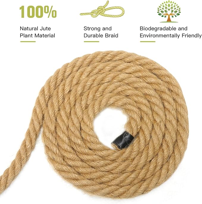 Jute Rope 2/5 Inch 100 Feet Hemp Rope for Deer, Heavy Duty, Twisted, Natural, Tug of War, for Crafts, Home Decorating Gardening Bundling