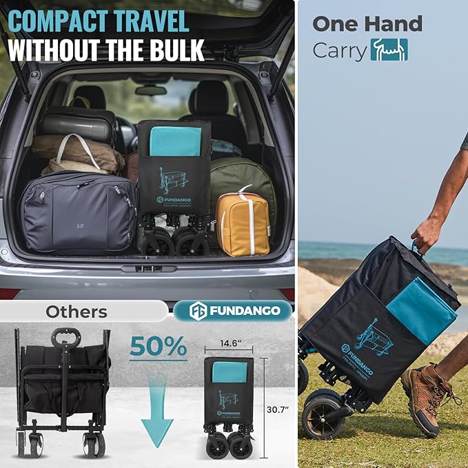 FUNDANGO Double Decker Wagon, 500L Collapsible Beach Wagons Foldable Heavy Duty Garden Cart with Tailgate, Brakes, Side Pockets & All-Terrain Big Wheels for Sports Camping Shopping, Blue