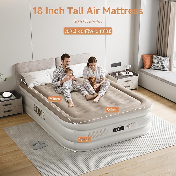 Air Mattress Full with Built-in Pump 18", Comfortable Self-Inflating Air Mattress with High-Speed Pump, Durable Blow Up Mattress Full with Storage Bag for Guests, Camping, Travel