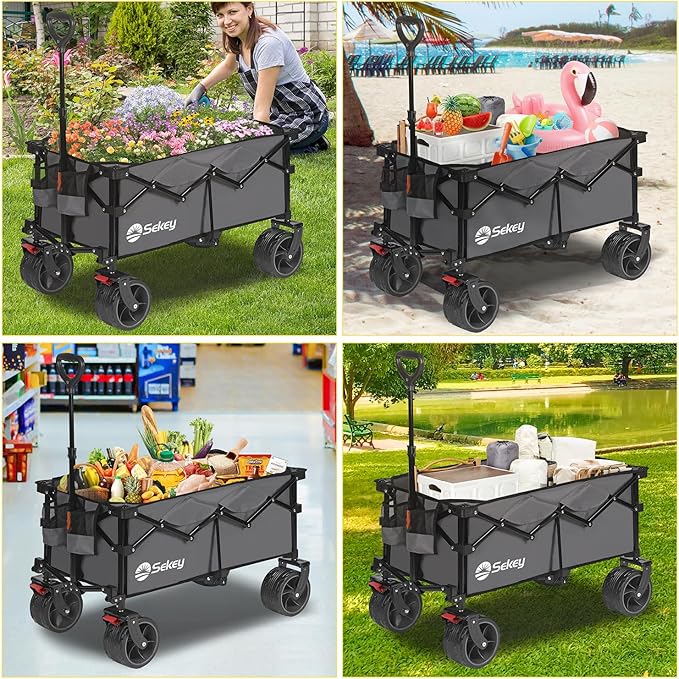 Sekey 330lbs Collapsible Foldable Wagon with Large Capacity, Heavy Duty Folding Utility Garden Cart with Big All-Terrain Beach Wheels & Drink Holders. Gray