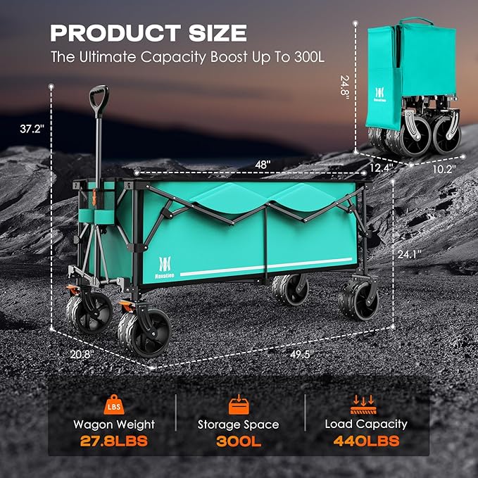 Navatiee 300L Collapsible Wagon Cart Foldable Extra Large, 48''L Folding Extended Beach Wagon with 440LBS Weight Capacity and Big All-Terrain Wheels, Heavy Duty Utility Garden Cart for Sports Outdoor
