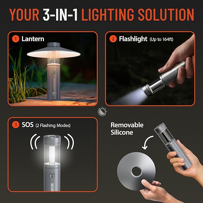 Rechargeable Camping Lantern – LED Outdoor Light with Flashlight & Lantern Modes, Magnetic Base & Hanging Hooks – Waterproof Emergency Light for Camping Backpacking Hiking & Power Outages - Silver