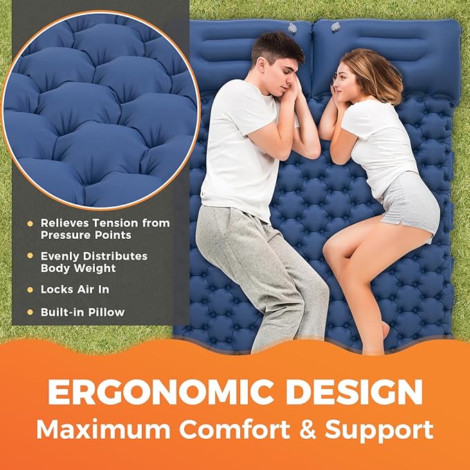 KingCamp Self Inflating Camping Mattress with Built-in Foot Pump, Connectable Durable Inflatable Sleeping Mat with Pillow, Compact Camping Air Mattress for Hiking