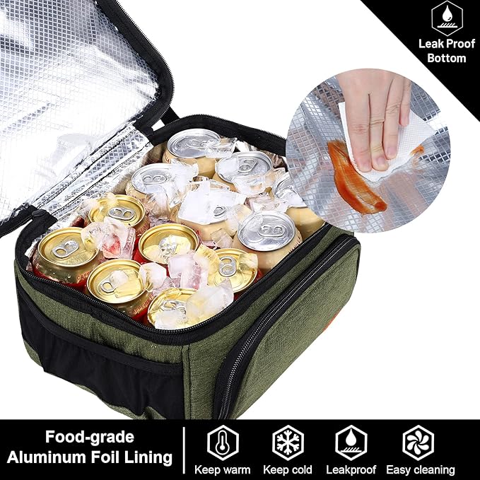 MIER Dual Compartment Lunch Bag Tote with Shoulder Strap for Men and Women Insulated Leakproof Cooler Bag, Army Green