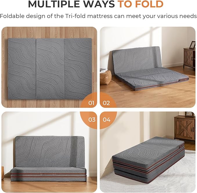 Sweetnight Trifold Mattress with Carry Bag - 4 Inch Portable Floor Mattress with Breathable & Washable Cover | Foldable Mattress Topper for Travel, Camping, Guest Grey Queen