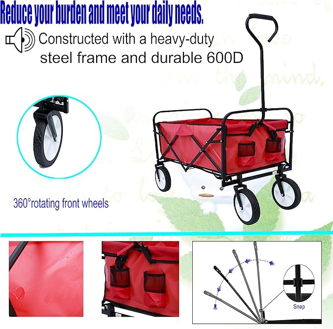Collapsible Folding Wagon Garden Shopping Beach Cart,Heavy Duty Utility Buggy with Big Wheels,Adjustable Handle and Cup Holder,for Sand,Camping,Outdoor,40.55",Red