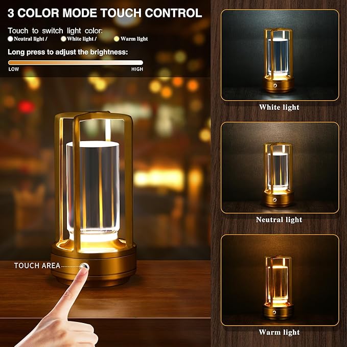 Portable Metal Table Lamp,Cordless Table Lamp,Battery Operated, 3 Light Colors, for Restaurant/Bedroom/Bars/Outdoor Party/Camping/Coffee Shop Atmosphere Night Light (Gold)