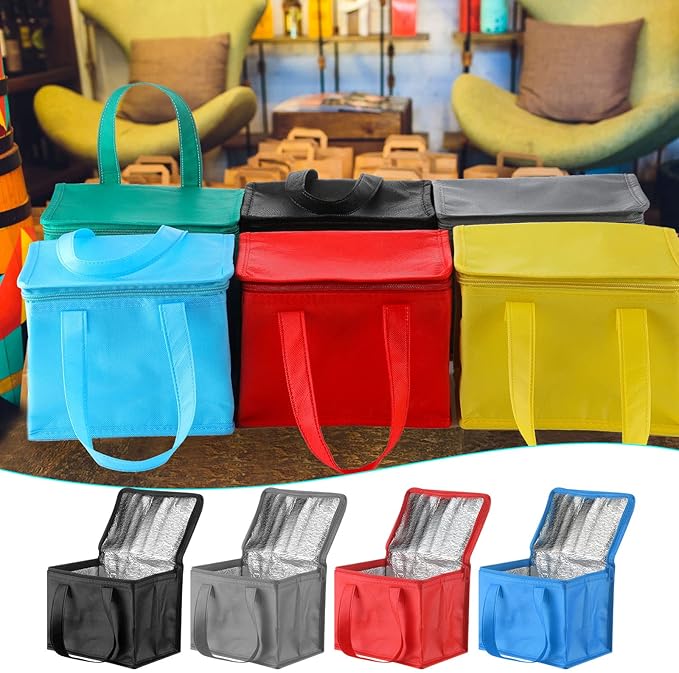 Lallisa 24 Pack Insulated Lunch Bags Bulk Reusable Leakproof Waterproof Thermal Cooler Bags Insulated Beverage Box for Office Picnic Snack Women Men(Black, Red, Blue, Gray, Green, Yellow)