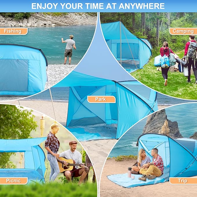 Beach Tent with Canopy, Beach Cabana Sun Shelter for 4-6 Person, Lightweight Portable Beach Cabana with UPF 50+ Sun Shelter and Ventilation Windows, Ideal for Family Fun and Outdoor Camping