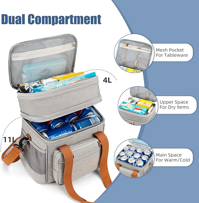 Insulated Lunch Box for Men/Women: Reusable Lunch Bag for Work Office Daytrip Picnic Beach - Leakproof Cooler Tote Bag Organizer for Adults - Light Gray