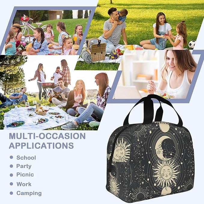 Insulated Lunch Bag, Gold Sun Moon Lunch Box for School Student Kids Boys Girls,Leakproof Small Lunch Tote for Adult Men Women,Reusable Lunch Cooler Tote Bag for Office Work Picnic