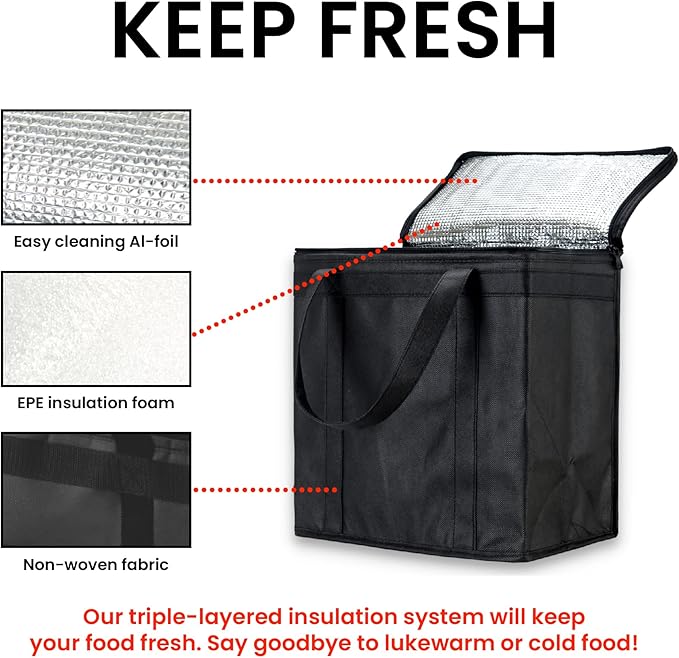 NZ Home Insulated Cooler Bag and Food Warmer (Medium, 2 pack) for Food Delivery & Grocery Shopping with Zippered Top, Black