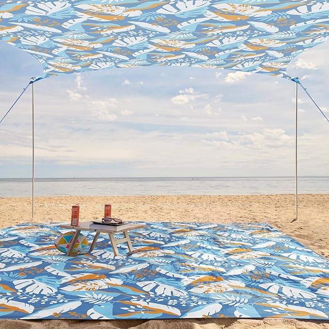 WEKAPO Beach Tent Sun Shelter - Easy Setup Beach Canopy with 4 Sturdy Poles, Large Sandbags and Shovel, 7'1'' Tall, Windproof Sun Shade for Backyard and Camping, UPF 50+ Protection