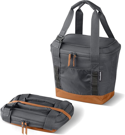 CleverMade Pacifica Collapsible Insulated Cooler Bag – 18 Can Leakproof Soft Folding Cooler for Beach, Travel, Car – Bottle Opener – Cool Gray/Cognac