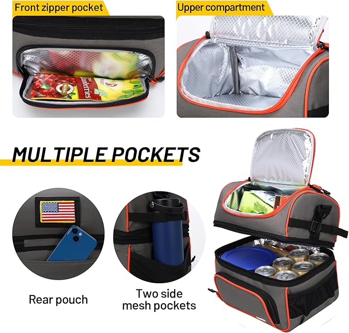 MIER 2 Compartment Lunch Bag Tote with Shoulder Strap for Men and Women Insulated Leakproof Cooler Bag, Grey/Orange