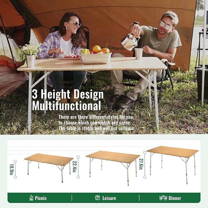 KingCamp Bamboo Folding Table, Camping Outdoor Portable Camp Table with Adjustable Height legs & Carry Bag for Outdoor RV Backyard Picnic Tailgating Beach