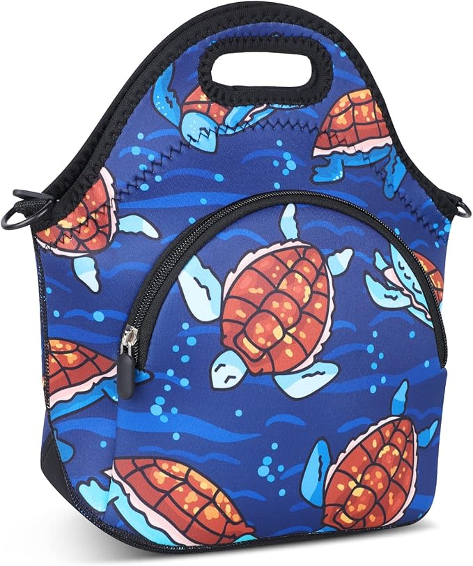 Violet Mist Neoprene Lunch Bag Reusable Insulated Lunch Box with Adjustable Shoulder Strap&Pocket for Women,Men,Adults,Cute Cartoon Turtle Snack Bags Anime Animal Work Picnic Travel Tote Food Handbags