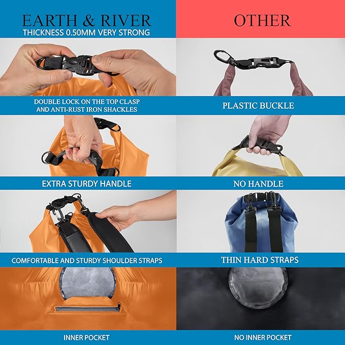 EARTH&RIVER Premium Dry Bag Backpack, Extra Thick, Protection for All Water Activities & Camping, Floating Lightweight Dry Bag with Inside Pocket Storage & IPX8 Waterproof Phone Case (Orange, 40L)