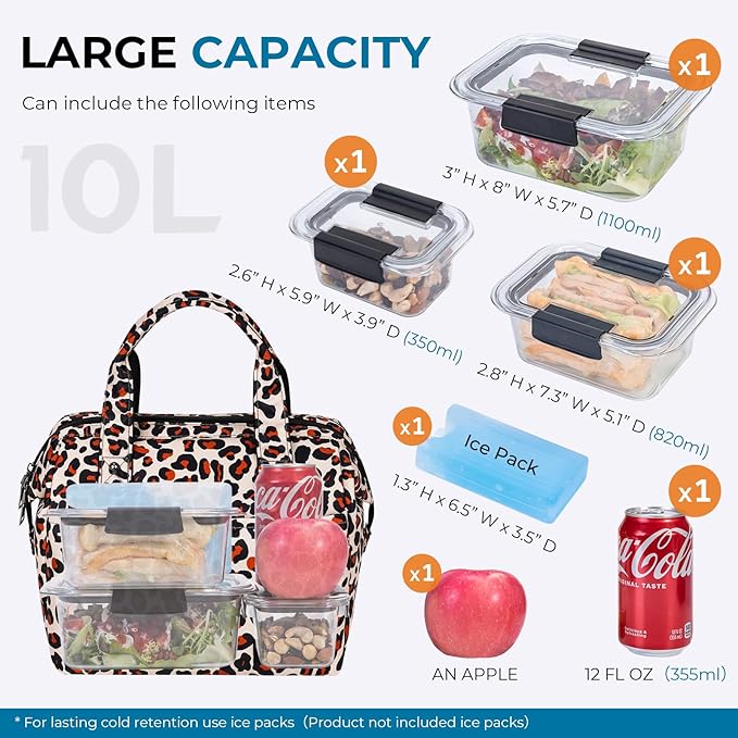 ECHSRT Large Insulated Lunch Bag for Women Men Leakproof Cooler Lunch Tote Bags for Work Travel Adult Thermal Lunchbox for Office -10L Leopard Print