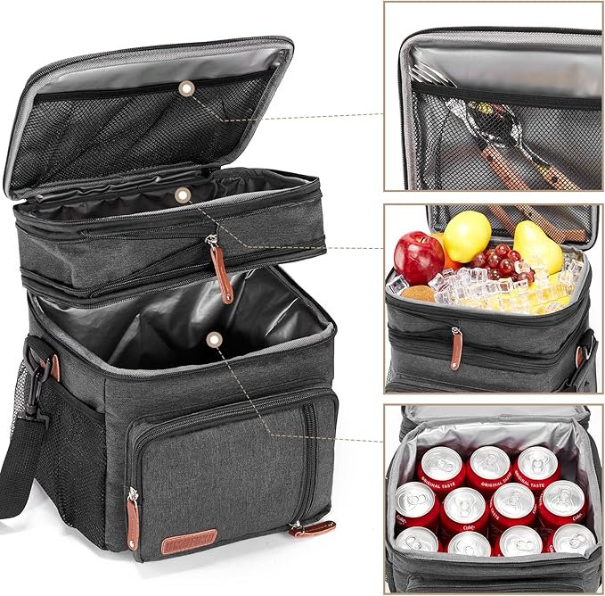 Men's Double/Women's Compartment Lunch bag, Insulated Lunch Cooler Tote 2 Roomy Large Reusable Water-resistant Lunch box (black)