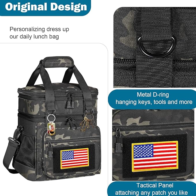 GLENKEY Double Deck Insulated Lunch Box, Expandable Xlarge Lunch Bag Leakproof Cooler Bag Lunch Pail for Men Women Adults Work Shifts Travel Daytrip,22L,Black-Camo