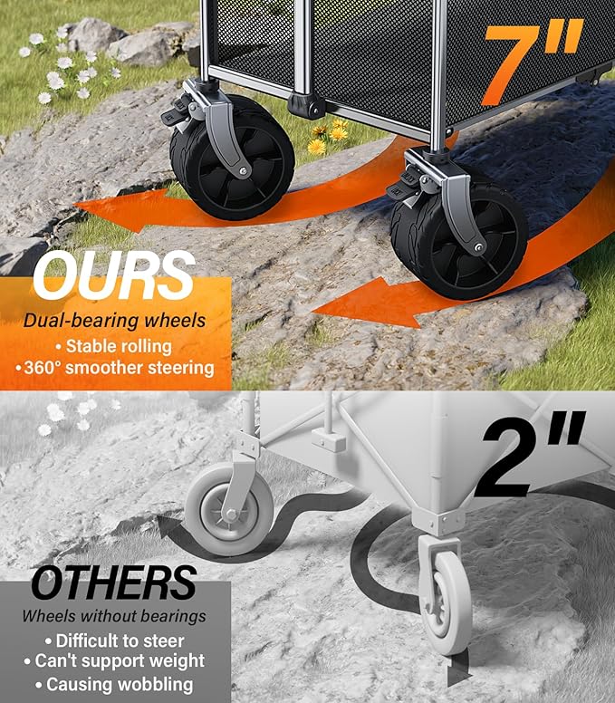 Collapsible Wagon Double Decker Wagons Carts Foldable for All Terrain, Grey