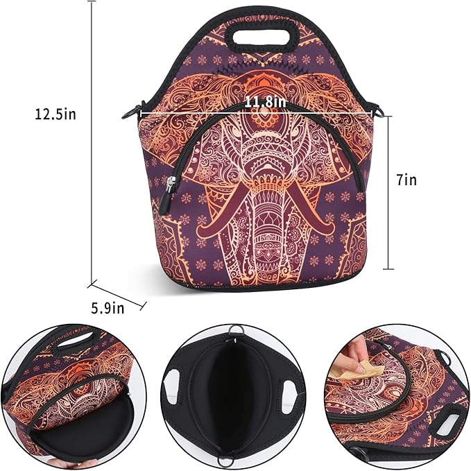 Violet Mist Neoprene Thermal Insulated Lunch Bag Cute Animal Lunch Bag Tote with Extra Pocket Detachable Adjustable Shoulder Lunchbox Food Handbags Picnic Work Gifts for Women men, Retro Elephant 2