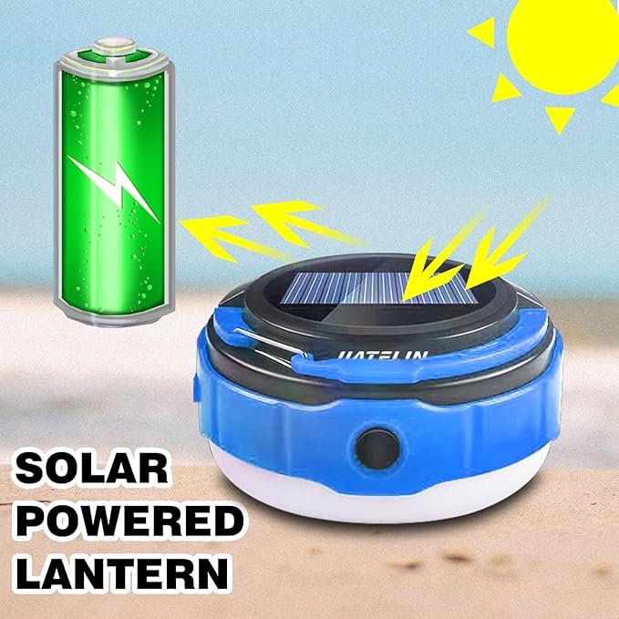 LED Rechargeable Camping Latern -Blue Solar Power Tent Light with 7 Light Modes, Power Bank, USB Charger Outdoor, Hiking, Home and Powered Emergency Failure Hurricane Hanging