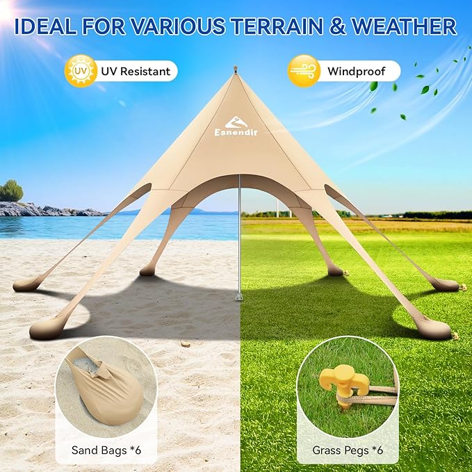 Beach Tent Sun Shelter & Portable Beach Canopy UPF 80+ UV Protection, Beach Shade Canopy with 6 Sandbags, Sand Shovel Ground Pegs for Outdoor Camping, Picnics (Beige,12x12FT)