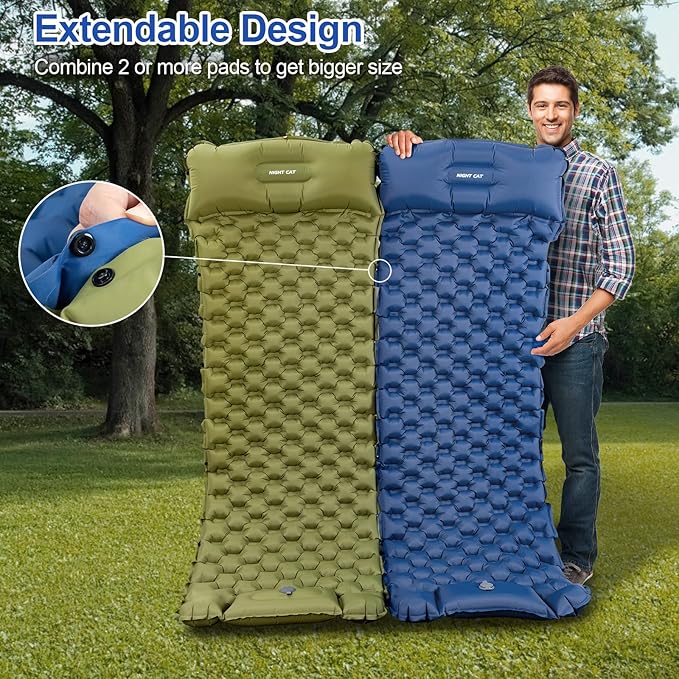 Night Cat Inflatable Sleeping Pads Mat Bed with Foot Pump and Pillow for Camping Backpacking Hiking Ultra-Light Compact Comfortable Extendable