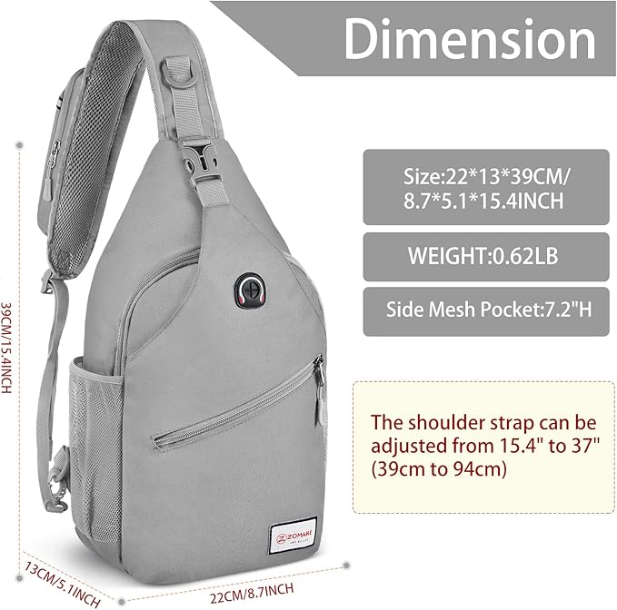 ZOMAKE Sling Bag for Women Men, Small Crossbody Sling Backpack, Mini Water Resistant Shoulder Daypack for Travel, Anti Thief Chest Bag for Hiking, Sports, Grey(new)