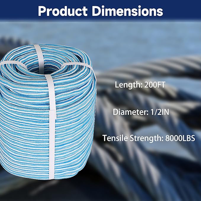 Arborist Tree Rope, 1/2inch by 200FT, 24 Strand Bull Rope up to 8000lbs Tensile Strength, Blue and White