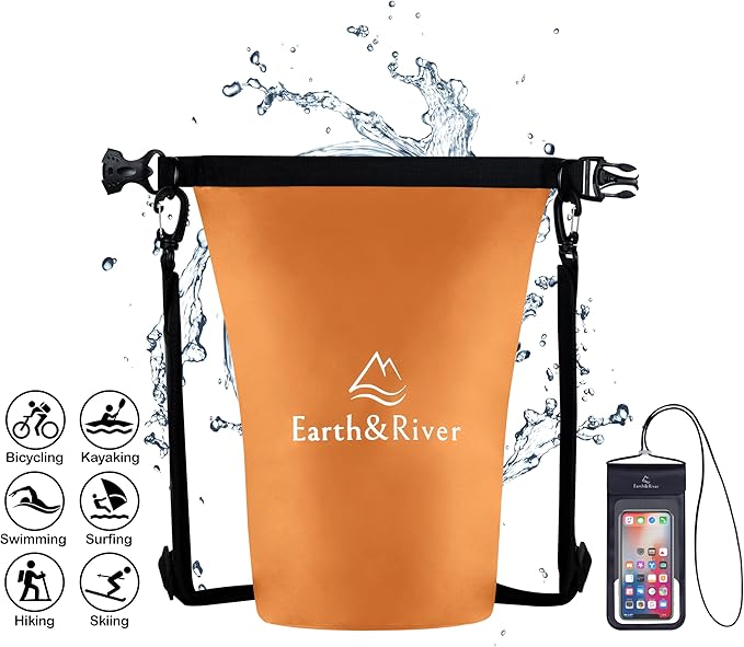 EARTH&RIVER Premium Waterproof Dry Bag Backpack, Extra Thick, Protection for All Water Activities & Camping, Floating Lightweight Dry Bag & IPX8 Waterproof Phone Case (Orange, 5L)