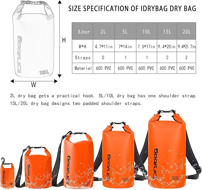 IDRYBAG Dry Bags for Kayaking Waterproof 2L/5L/10L/15L/20L, Small Dry Bag Waterproof Floating, Dry Sack Waterproof Bag for Paddleboarding Travel