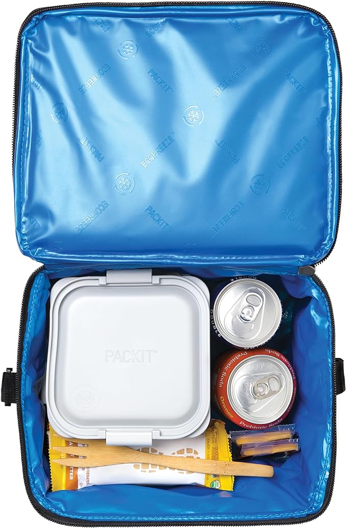 PackIt Freezable Essential Cooler, Black, Built with ECOFREEZE Technology, Fully Freezable, Collapsible, Reusable, With Removable Crossbody Strap, Top Clip Handle, Designed for Fresh Office