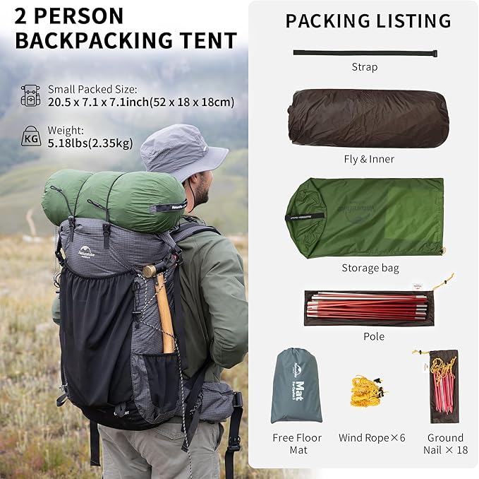 Naturehike Opalus Tunnel Backpacking Tent for 2-3 Person, 2 Person 3 Person Backpacking Tent, Lightweight Camping Tent with Footprint & Vestibule