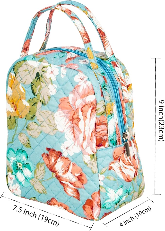 Machine Washable Women Quilted Fabric Insulated Reusable Cooler Lunch Bag Tote Adult Thermal Lunch Box Storage Bag for Ｗork (Floral)