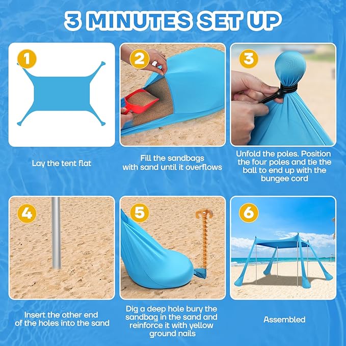 Beach Tent Canopy UPF50+ Protection, 10x10FT Beach Shade Sun Shelter Pop Up with 4 Stability Poles, Sandbags, Sand Shovels, Ground Pegs, Carrying Bag for Outdoor Family Camping Fishing Picnics