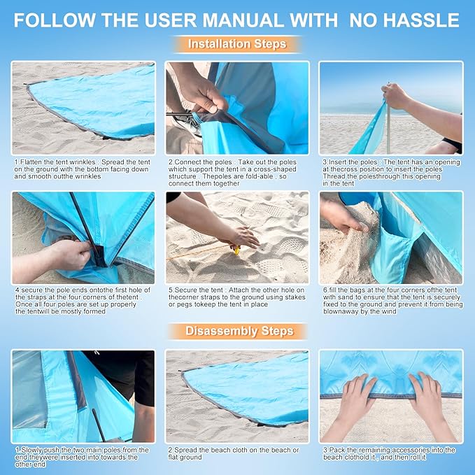 Beach Tent with Canopy, Beach Cabana Sun Shelter for 4-6 Person, Lightweight Portable Beach Cabana with UPF 50+ Sun Shelter and Ventilation Windows, Ideal for Family Fun and Outdoor Camping