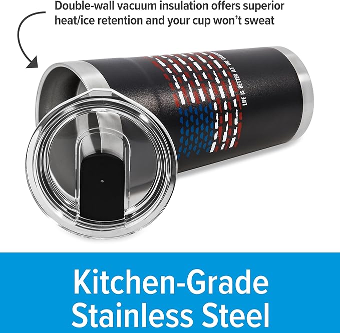 Camco Life is Better at The Campsite Tumbler | Heavy Duty Double Wall Vacuum Insulation | Crafted of 18/8 Stainless Steel | Unique RV U.S Flag Design on Charcoal Background | 20-oz (53065)