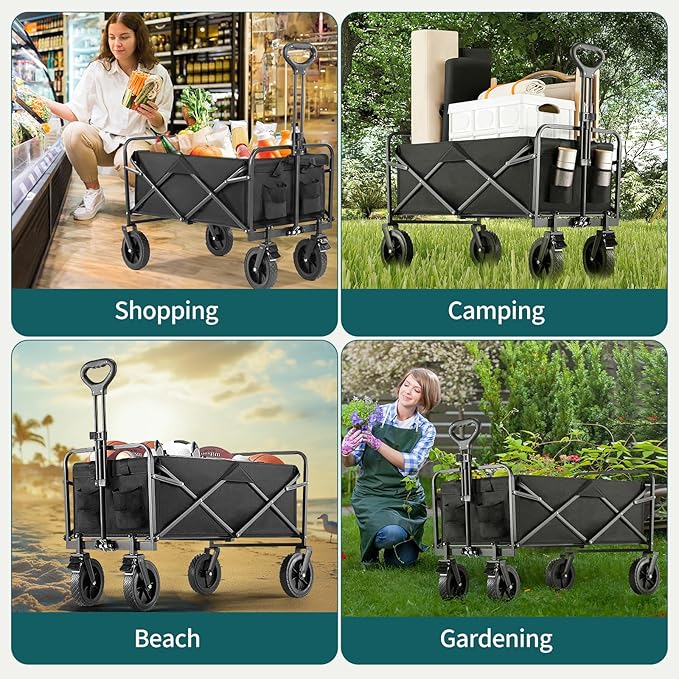 Collapsible Wagon Cart Foldable, 35" L Folding Beach Wagon with All-Terrain Wheels, Shopping Cart with 350lbs Capacity, Portable Camping Wagons Carts for Grocery Garden and Sports, Modern Black