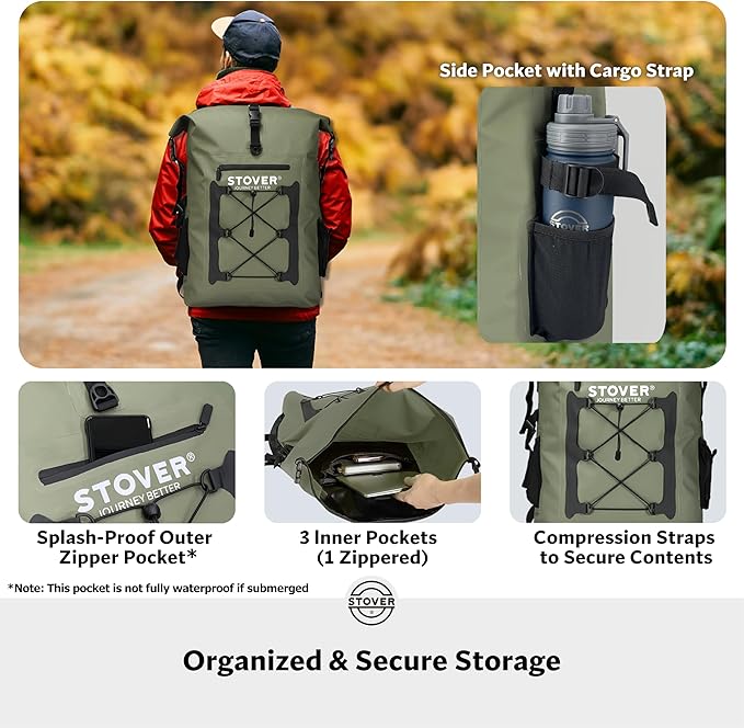 STOVER 5/10/25/30/40/55L Waterproof Dry Backpack- XL Floating Dry Bag for Kayaking, Travel, Tubing, Hiking, Fishing, Camping, Motorcycles, the Beach, Heavy-Duty Roll Top Men/Women (Green)