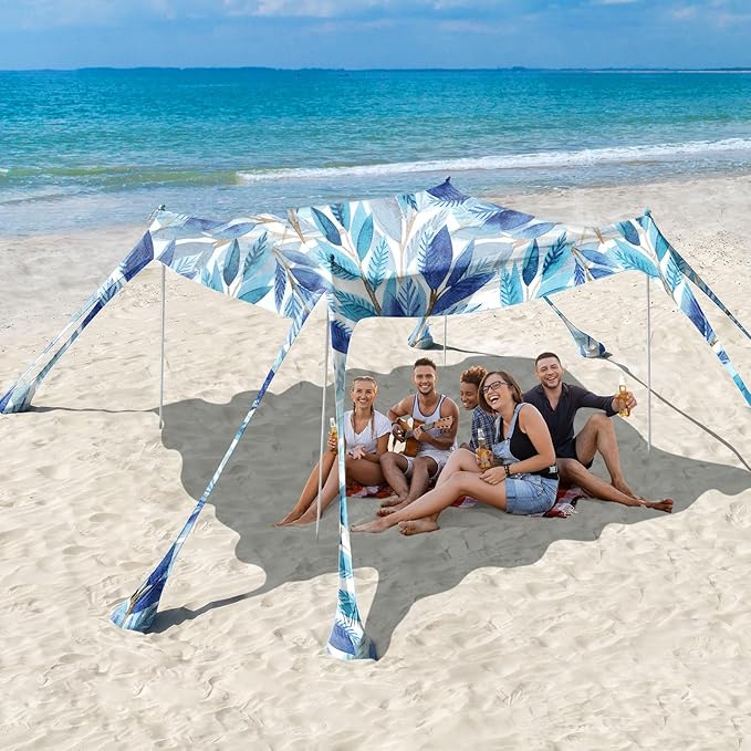 Rhino Valley Beach Tent Sun Shelter, 10x10FT Beach Canopy Tent Sun Shade UPF50+ Protection with 8 Sandbags 4 Stability Poles, Outdoor Beach Shade Canopy 6-8 People for Beach Camping Fishing