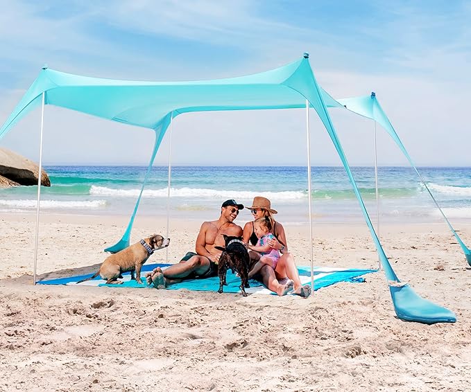 SUN NINJA Beach Tent Shelter with UPF50+ Protection, Includes Sand Shovel, Ground Pegs, Stability Poles, Outdoor Pop Up Shade Canopy for Camping, Fishing, Backyard Fun
