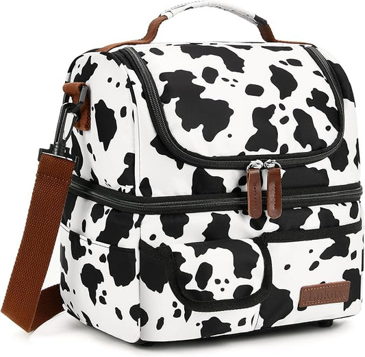 LOKASS Lunch Box for Women-Double Deck Insulated Adults Lunch Bag with Removable Shoulder Strap-Cow Print Cute Wide Open Lunch Tote for Work/Office/Picnic/Beach/Travel
