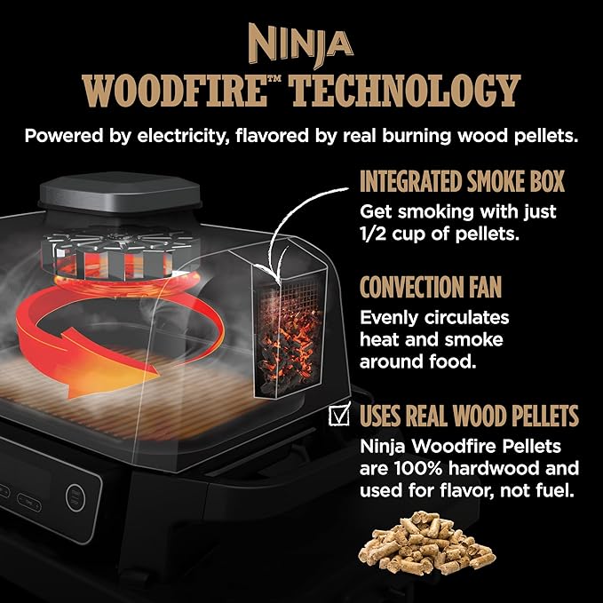 Ninja Woodfire Pro 7-in-1 Grill & Smoker with Thermometer, Air Fryer, BBQ, Bake, Roast, Broil - Portable Electric Outdoor Grill, Grey
