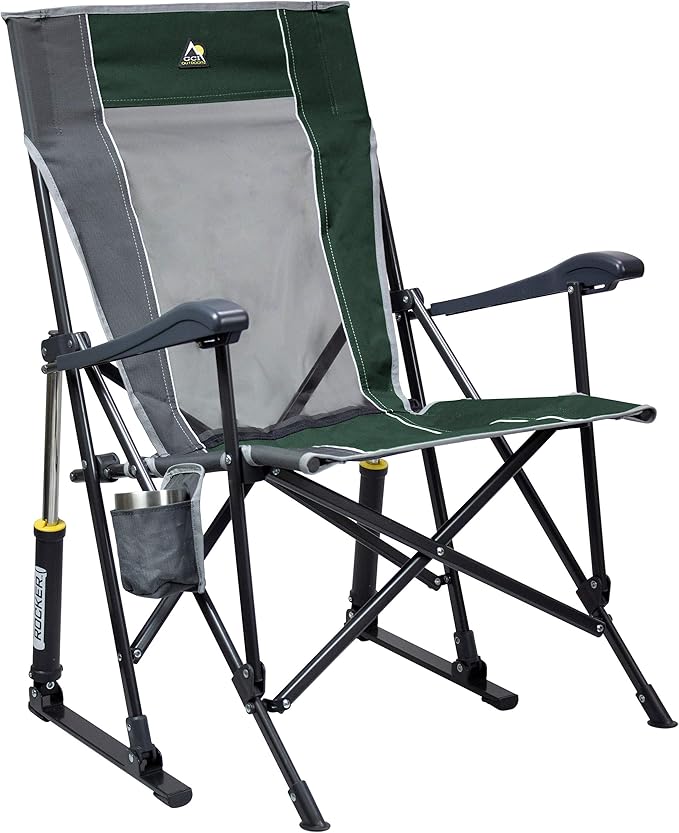 GCI OUTDOOR Roadtrip Rocker Camping Chair | Portable, Folding Rocking Chair with Solid, Durable Armrests, Drink Holder & Comfortable Extended Backrest — Hunter Green